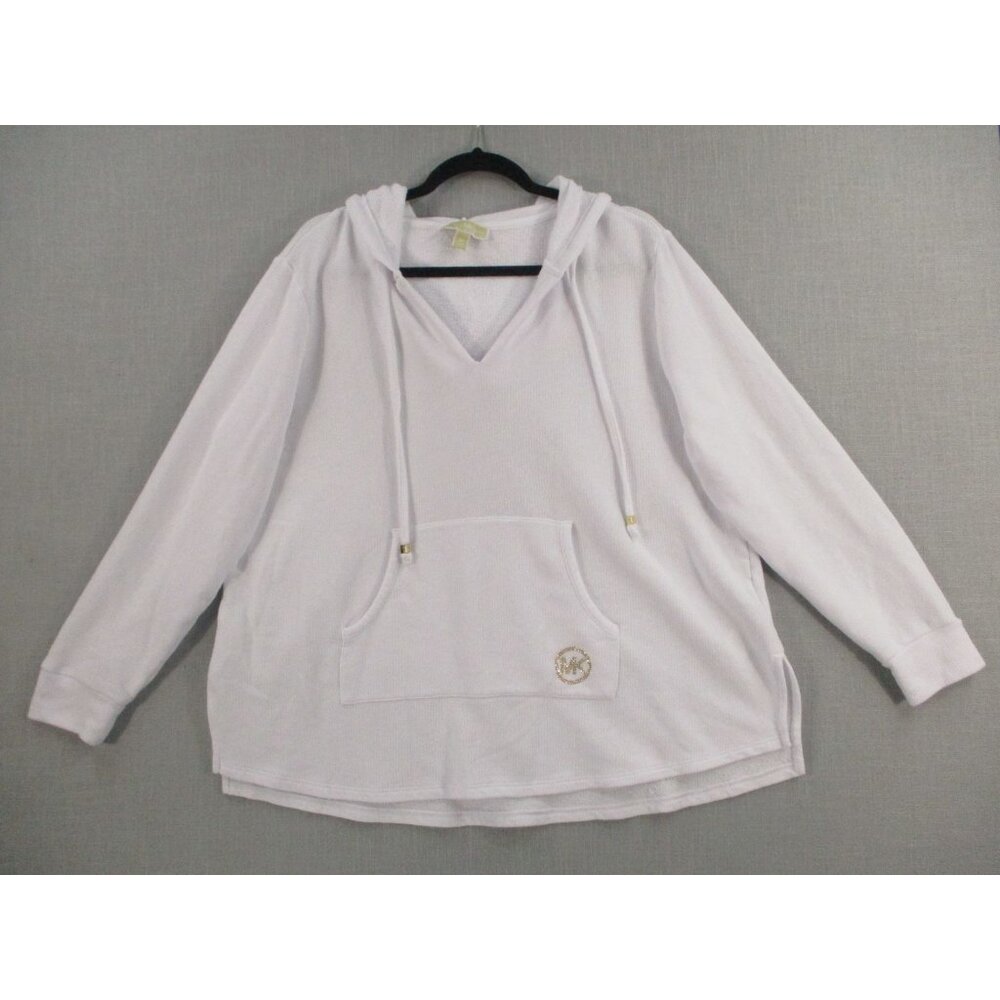 Michael Kors Womens White Hooded Pullover Sweater With Logo Accent Size 2X‎